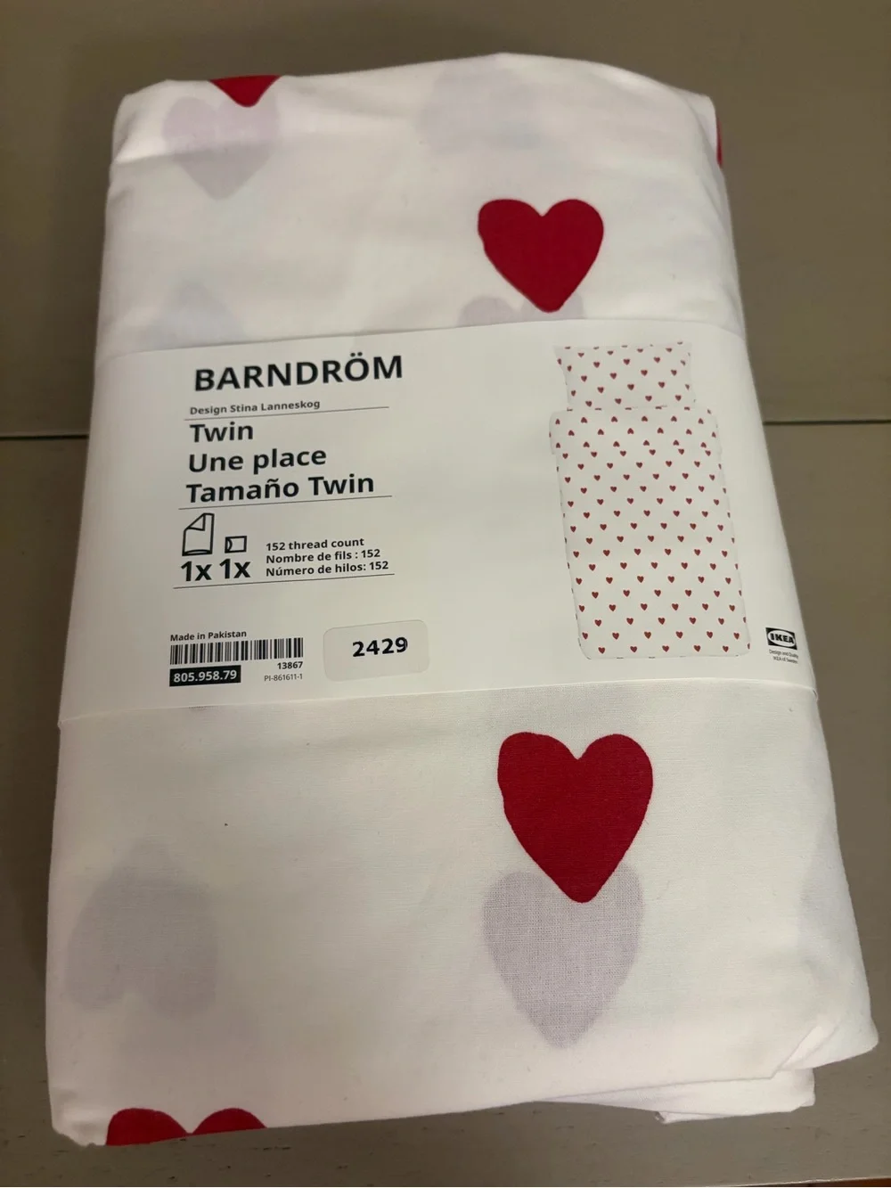 IKEA BARNDRÖM Twin Duvet Cover Set Red Hearts New.